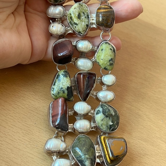 VINTAGE MULTIGEM BRACELET 925 SILVER PEARL SERPENTINE TIGERS EYE 113 GRAMS BOLD